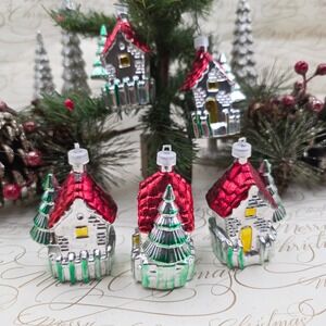 5 Shatterproof Cottage House Ornaments Christmas Tree Silver Red‎ Village Decor